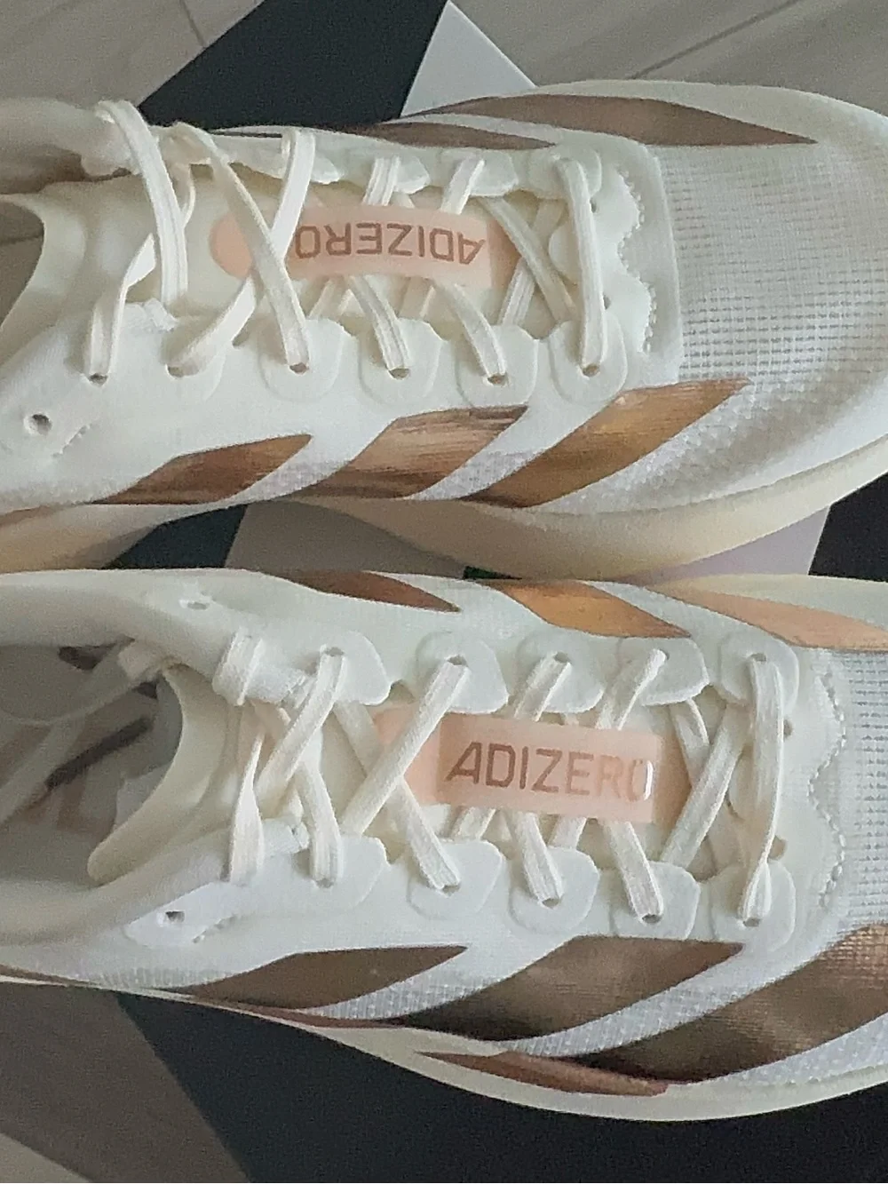 adidas Women’s Adizero Racing Shoe - White with Rose Gold Stripes